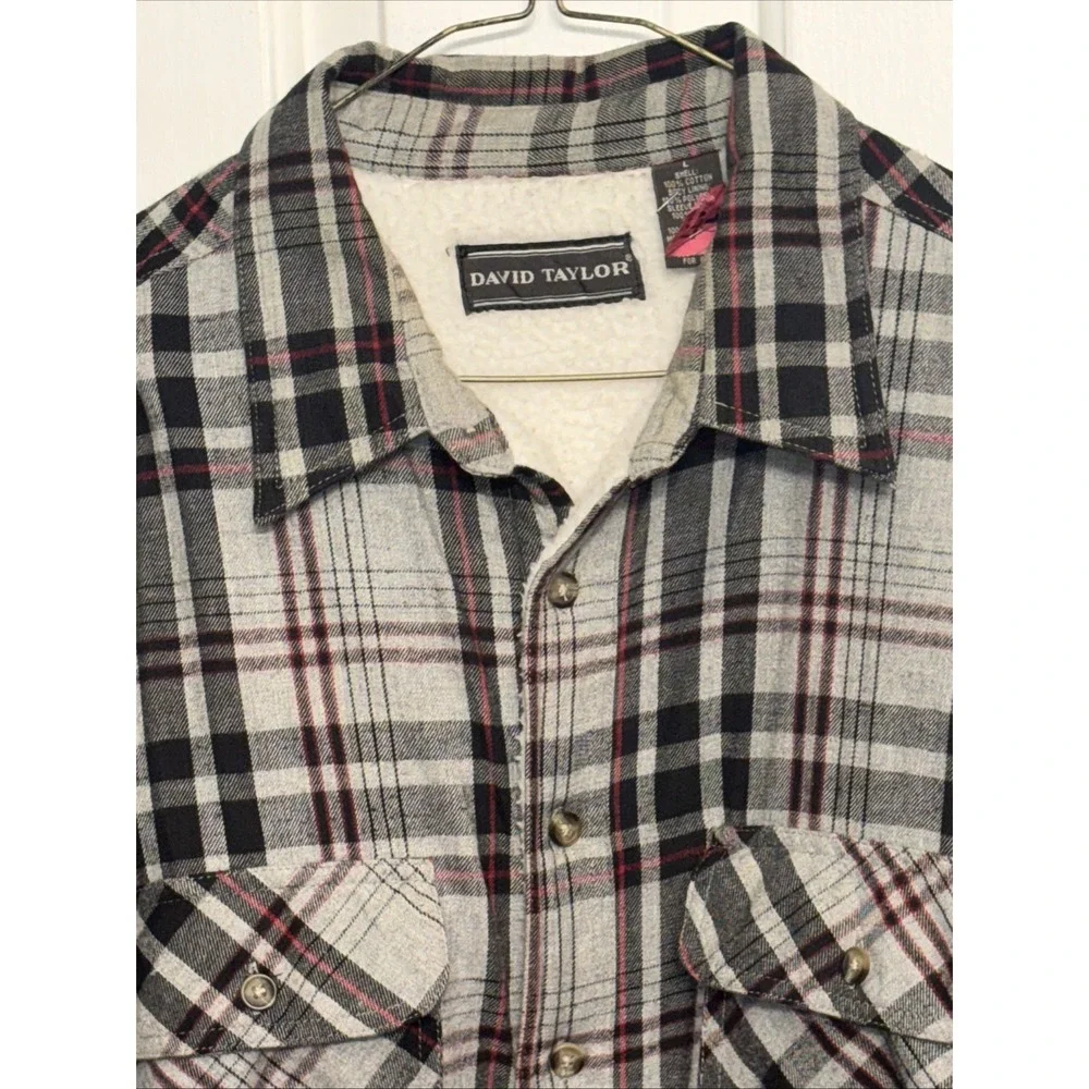 David Taylor Mens Large Grey Black Red Plaid Sherpa Lined Flannel Shacket Jacket